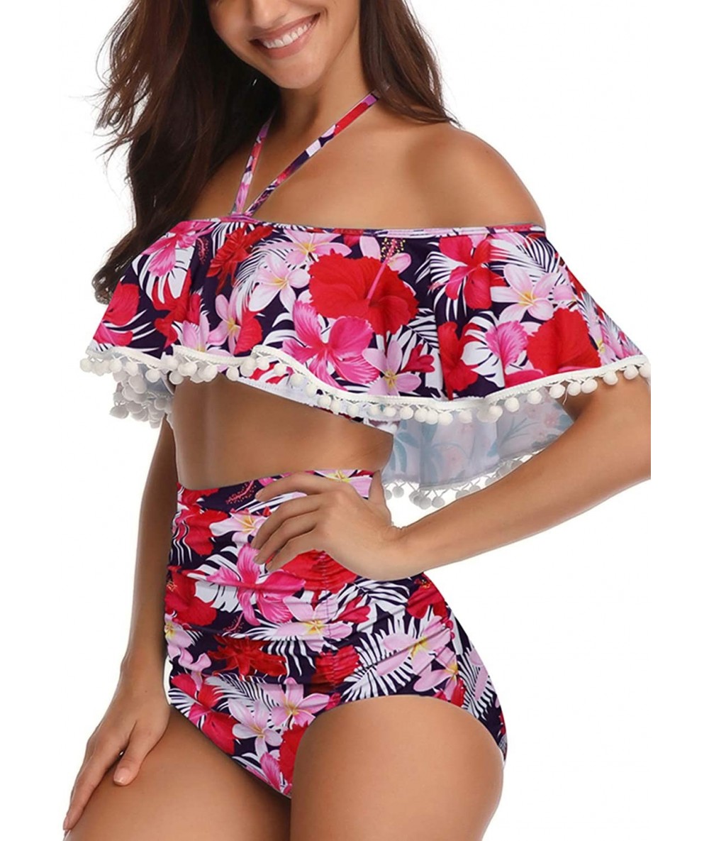 Sets Women's High Neck Two Piece Bathing Suits Top Ruffled High Waist Swimsuit Tankini Bikini Sets - Red-tassel - C118RDUHM03...