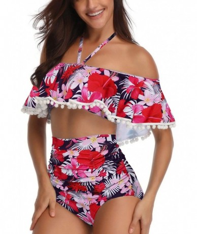 Sets Women's High Neck Two Piece Bathing Suits Top Ruffled High Waist Swimsuit Tankini Bikini Sets - Red-tassel - C118RDUHM03...