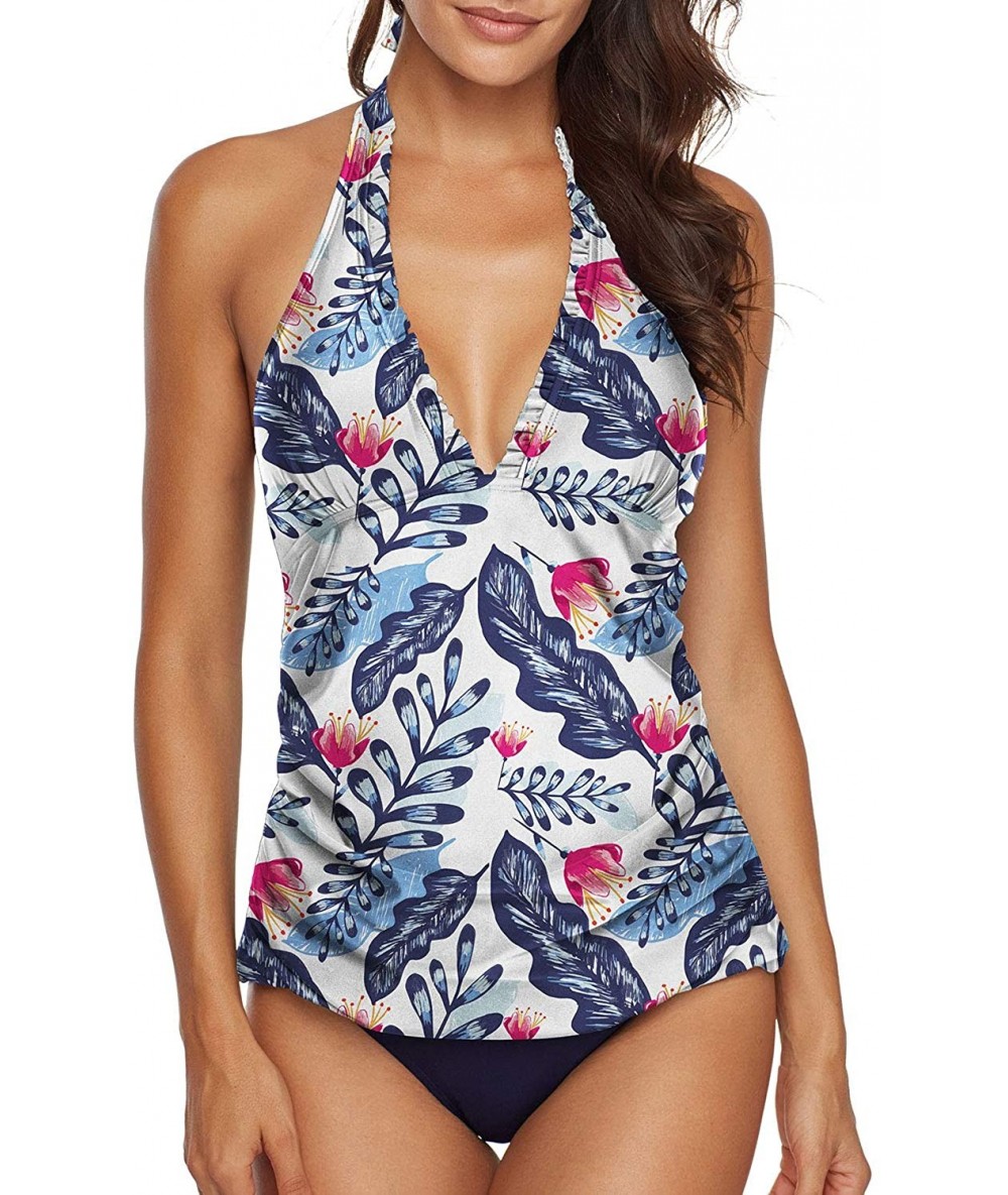 One-Pieces Two Piece Swimsuit Sexy V-Neck Ruffle Halter Backless Flyaway Tankini Suit - Blue Leaf - CL18RZ02WD3 $44.28