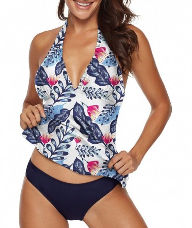 One-Pieces Two Piece Swimsuit Sexy V-Neck Ruffle Halter Backless Flyaway Tankini Suit - Blue Leaf - CL18RZ02WD3 $44.28