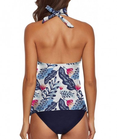 One-Pieces Two Piece Swimsuit Sexy V-Neck Ruffle Halter Backless Flyaway Tankini Suit - Blue Leaf - CL18RZ02WD3 $44.28