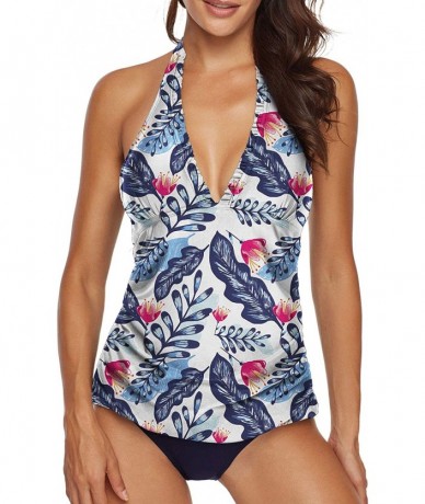 One-Pieces Two Piece Swimsuit Sexy V-Neck Ruffle Halter Backless Flyaway Tankini Suit - Blue Leaf - CL18RZ02WD3 $44.28