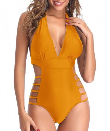 One-Pieces Women One Piece Plunge Swimsuit Bathing Suits High Leg Cutout Swimwear - Dark Yellow-1 - CS198UR92N6 $49.06