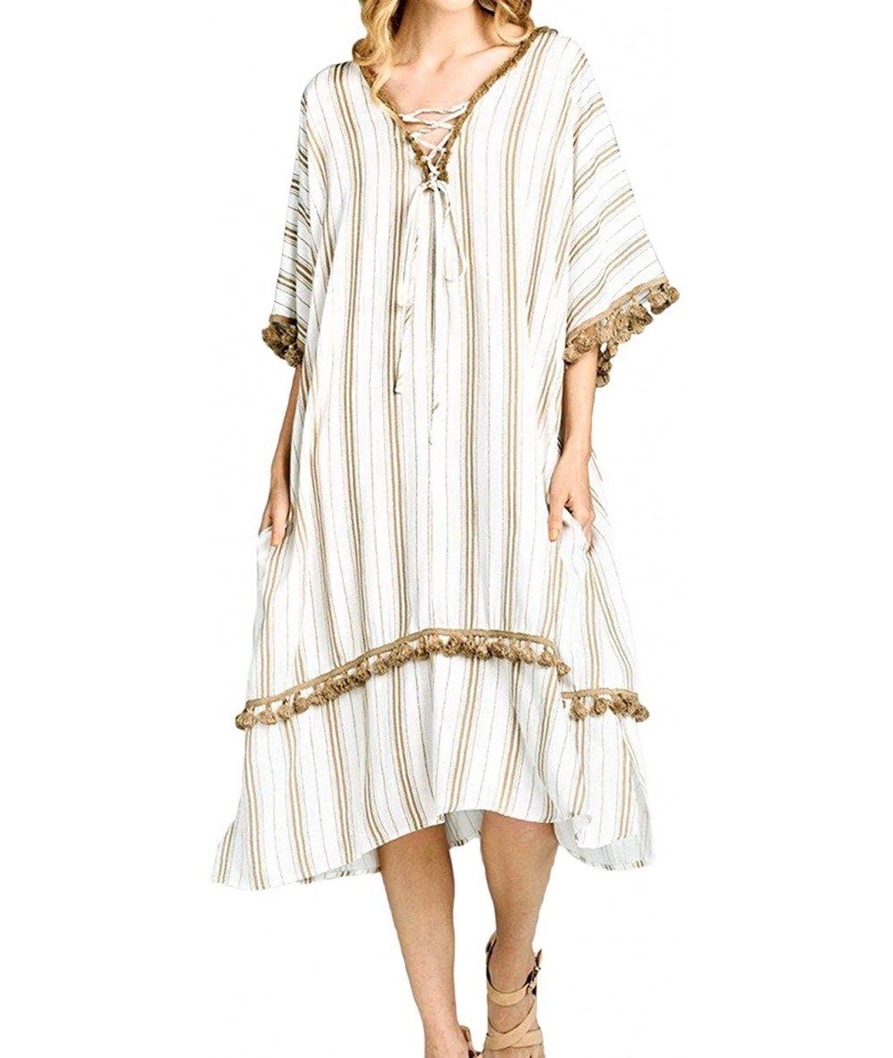 Cover-Ups Women Summer Boho Striped Kimono Kaftan Pom Pom Trim Long Casual Loose Maxi Dresses Cover Up with Pockets - Taupe -...