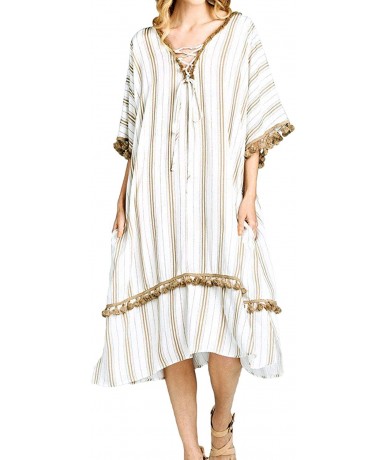 Cover-Ups Women Summer Boho Striped Kimono Kaftan Pom Pom Trim Long Casual Loose Maxi Dresses Cover Up with Pockets - Taupe -...