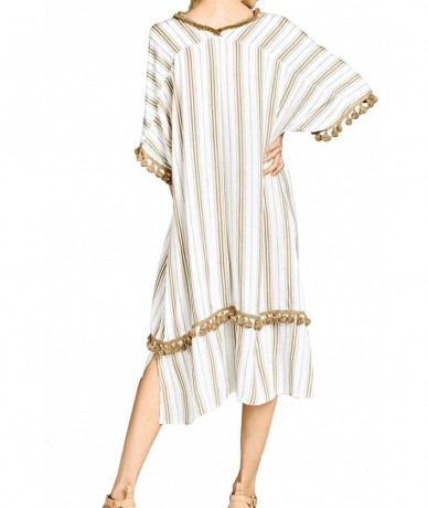 Cover-Ups Women Summer Boho Striped Kimono Kaftan Pom Pom Trim Long Casual Loose Maxi Dresses Cover Up with Pockets - Taupe -...