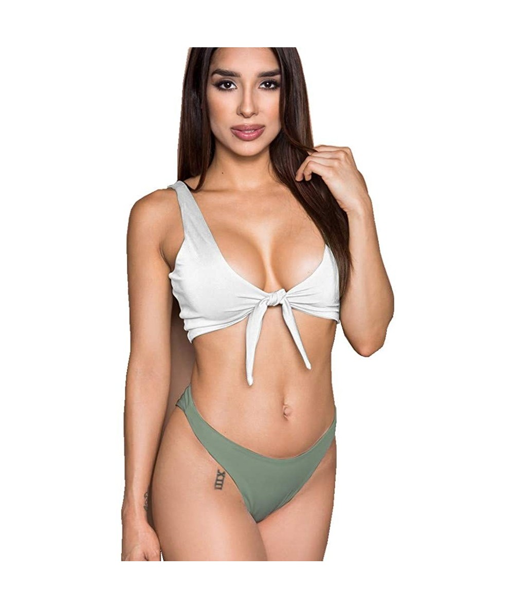 Sets Bikini Set- 2PCS Bow Front Skirt Set- High Waist Thong Bandage Beachwear - White + Green - CI18W36L60O $19.96