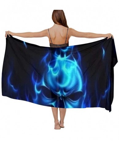 Cover-Ups Women Chiffon Scarf Summer Beach Wrap Skirt Swimwear Bikini Cover-up - Flaming Blue Cool Skull - C4190HIDAMK $43.57