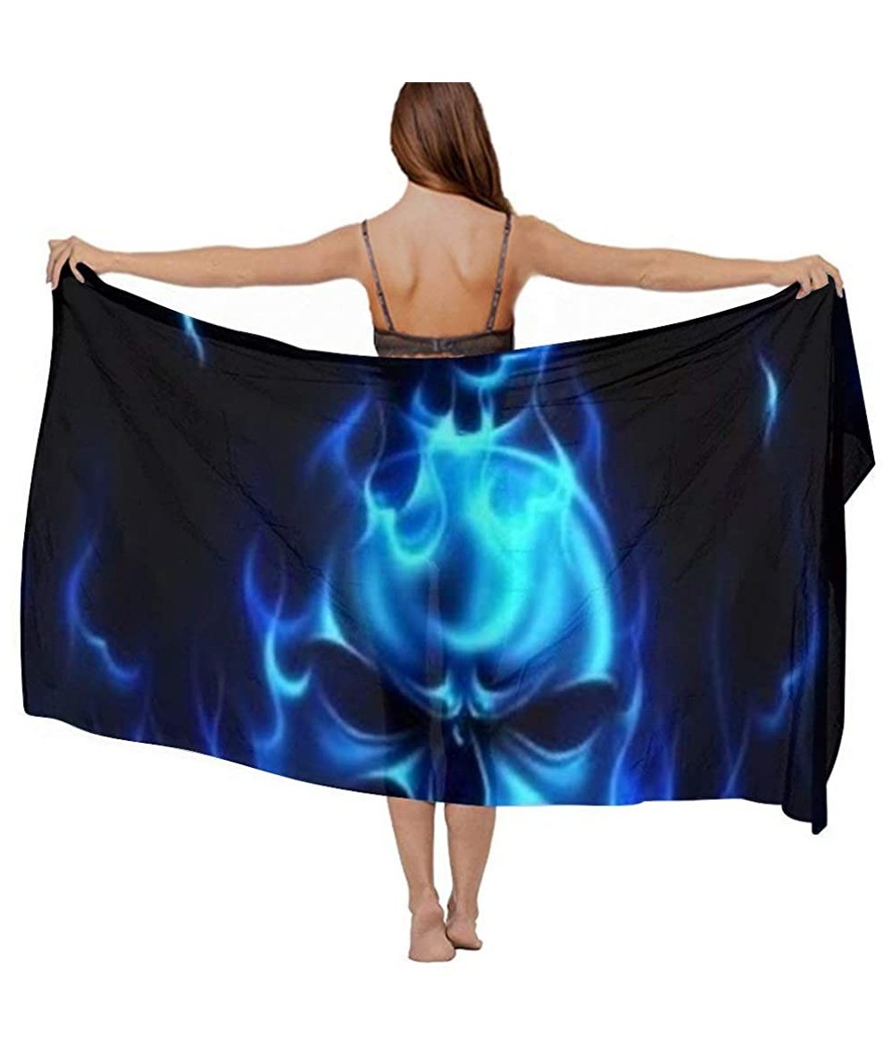 Cover-Ups Women Chiffon Scarf Summer Beach Wrap Skirt Swimwear Bikini Cover-up - Flaming Blue Cool Skull - C4190HIDAMK $43.57