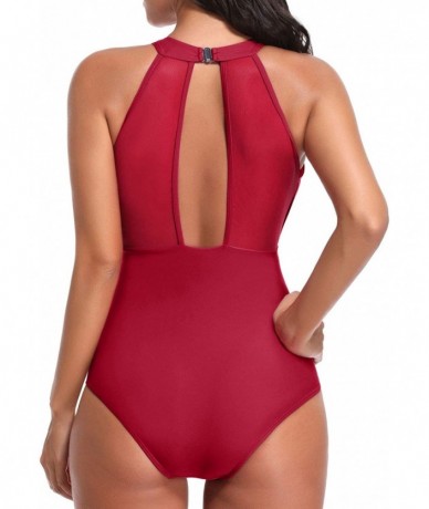 One-Pieces Women One Piece Swimsuit High Neck Plunge Mesh Ruched Monokini Swimwear - Red-1 - CN18RYZZZD0 $51.23