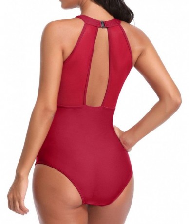 One-Pieces Women One Piece Swimsuit High Neck Plunge Mesh Ruched Monokini Swimwear - Red-1 - CN18RYZZZD0 $51.23