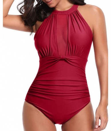 One-Pieces Women One Piece Swimsuit High Neck Plunge Mesh Ruched Monokini Swimwear - Red-1 - CN18RYZZZD0 $51.23