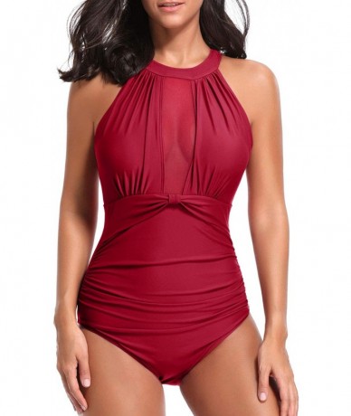 One-Pieces Women One Piece Swimsuit High Neck Plunge Mesh Ruched Monokini Swimwear - Red-1 - CN18RYZZZD0 $51.23