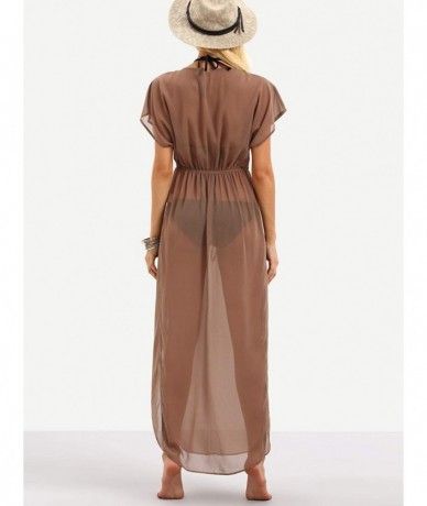 Cover-Ups Women's Plunging Sheer High Waist Bikini Swimsuit Cover Up Maxi Dress - Brown - C2193QU2CGU $42.32