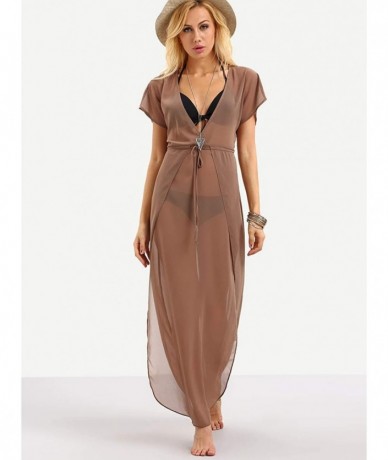 Cover-Ups Women's Plunging Sheer High Waist Bikini Swimsuit Cover Up Maxi Dress - Brown - C2193QU2CGU $42.32