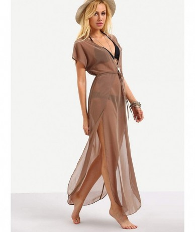 Cover-Ups Women's Plunging Sheer High Waist Bikini Swimsuit Cover Up Maxi Dress - Brown - C2193QU2CGU $42.32