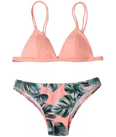 Sets Women's Double Shoulder Strap Triangle Two Piece Bikini Bathing Suit with Print Bottom Swimsuit - Pink - C019602NRKA $27.81