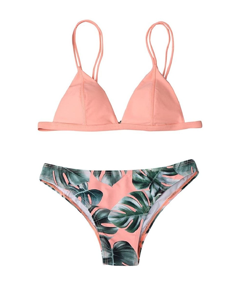 Sets Women's Double Shoulder Strap Triangle Two Piece Bikini Bathing Suit with Print Bottom Swimsuit - Pink - C019602NRKA $27.81