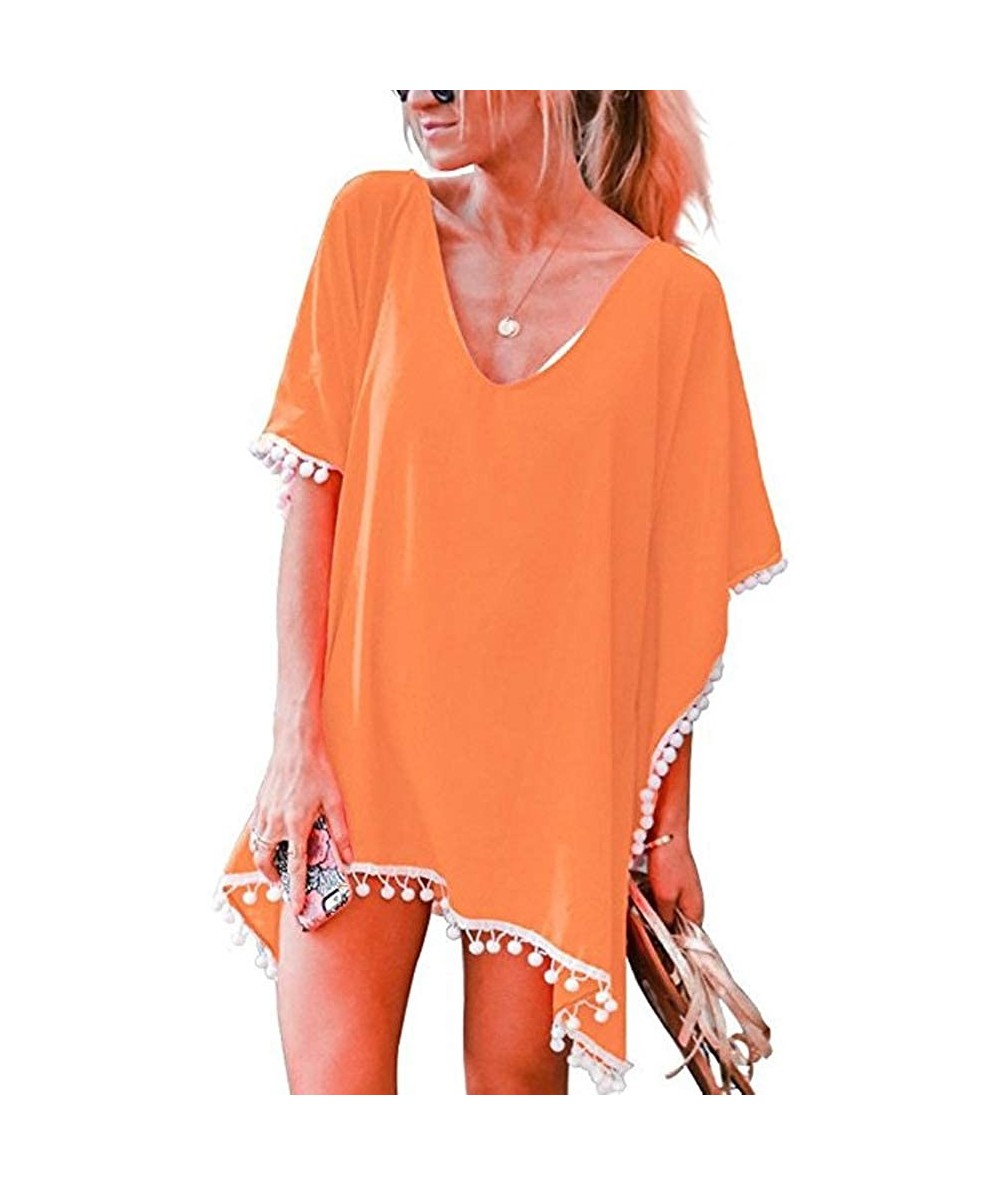 Cover-Ups Women's O-Neck Fashion Swimwear Chiffon Tunic Cover Up Beach Dress Beach Wear One Size - Orange - CP18TCGMTXZ $40.16