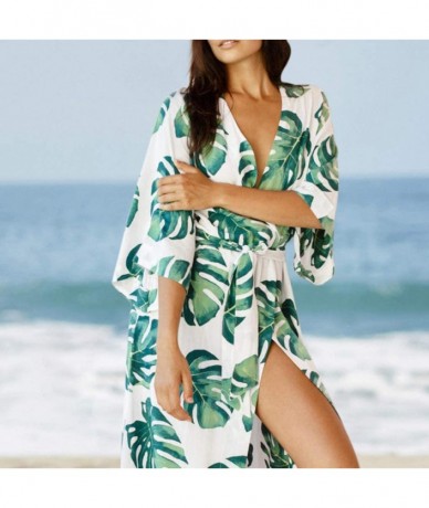 Cover-Ups ballboU-Women Vacation Swimsuit Cover Up Green Tropical Leaves Open Front Cardigan - CZ18RIAW4GO $35.51