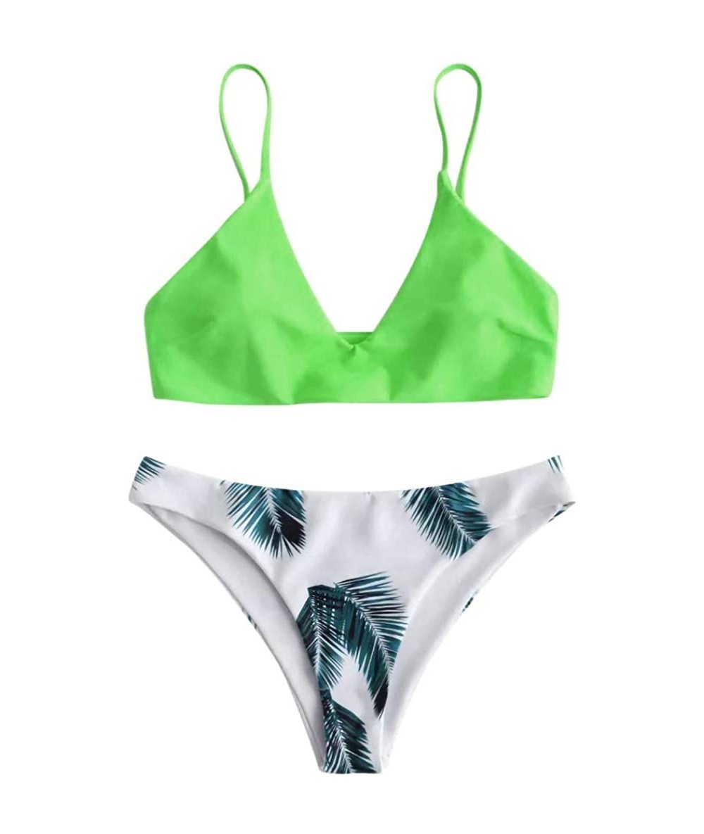 Sets Swimsuits for Women Swimwear Bikini Set Print Leaves Push-Up Padded Swimsuit Beachwear Two Piece Bathing Suits - Zz-mint...