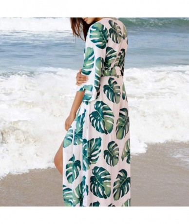 Cover-Ups ballboU-Women Vacation Swimsuit Cover Up Green Tropical Leaves Open Front Cardigan - CZ18RIAW4GO $35.51