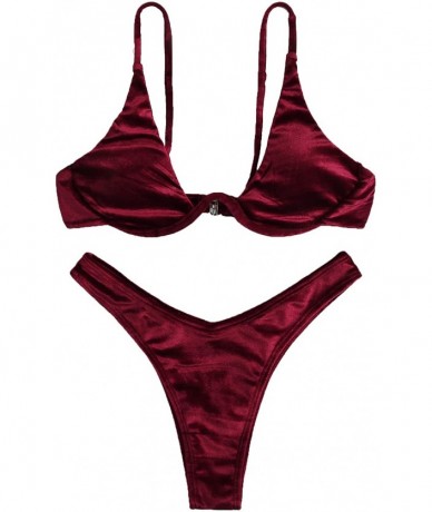 Sets Women's Sexy Triangle Bathing Two Pieces Swimsuit Bikini Set - Maroon-velvet - C418QGTMWDK $33.07