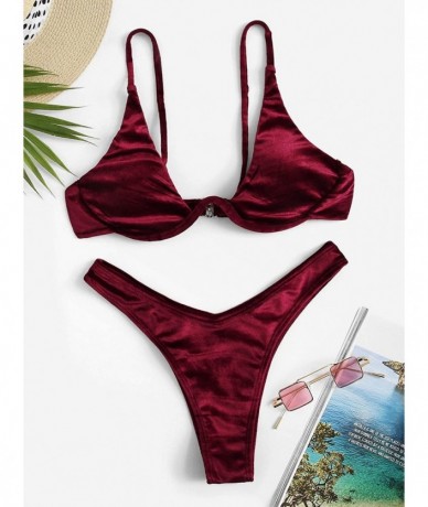 Sets Women's Sexy Triangle Bathing Two Pieces Swimsuit Bikini Set - Maroon-velvet - C418QGTMWDK $33.07