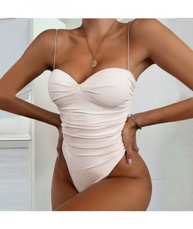 Racing Ruched Monokini Spaghetti Strip One Piece Swimsuit Vintage Design High Cut Swimwear Bathing Suit for Women White - CR1...