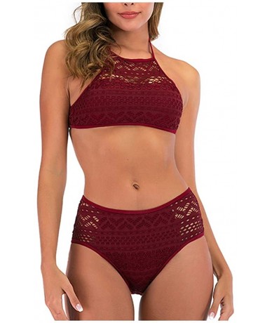 Sets Women's Two Pieces Crochet Lace High Waist V Neck Bikini Set Swimsuit - Red - CX193XENDEC $38.13