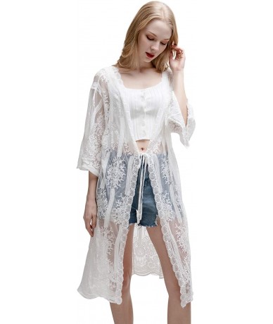 Cover-Ups Women's Bathing Suit Cover up Bikini Swimsuit Lace Kimono Beach Dress - White-3 - C618NW7KK07 $34.15