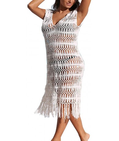 Cover-Ups Womens Sexy V Neck Hollow Out Crochet Swimsuit Cover Up Bikini Beach Dress with Tassel - White - CH18OZ9CGA2 $44.17