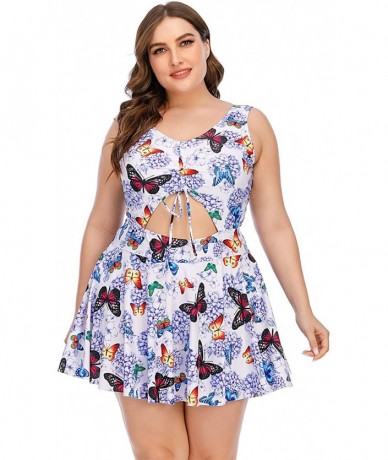 Racing Plus Size Floral Prinit Halter Swimwear One Piece Pin up Tankini Swimwear - Butterfly - C519DW3MY27 $69.32