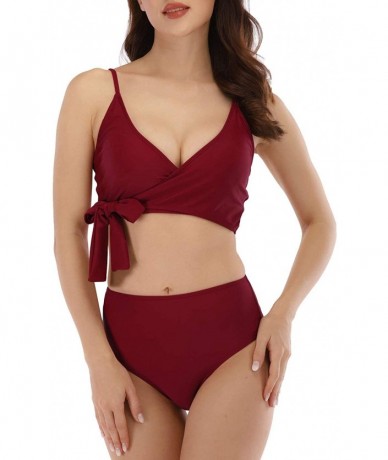 Sets Women Purple Tie at Side High Cut Bikini Set Beach Bathing Suit - Pink - CY196WE6QHR $44.72