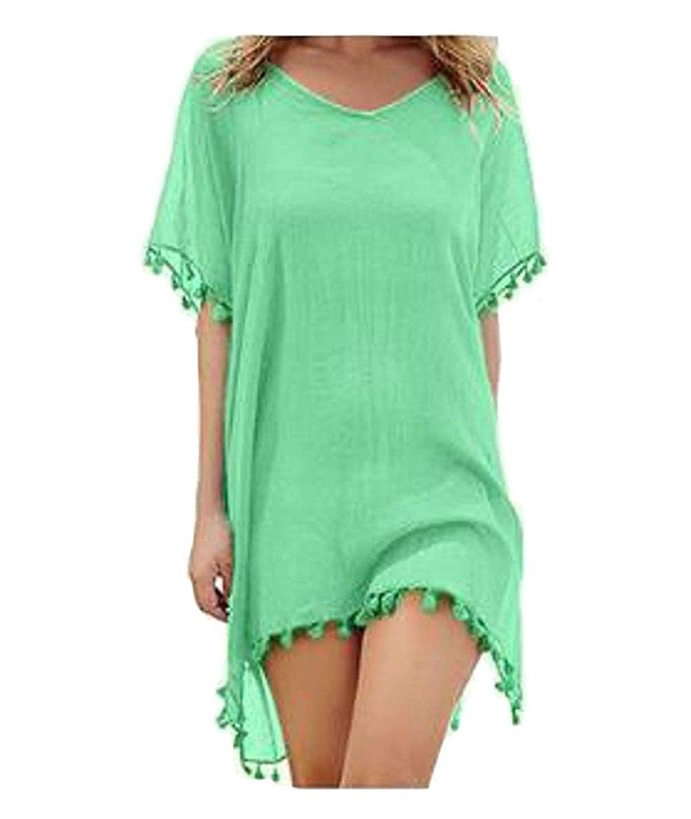 Cover-Ups Womens Plain Chiffon Loose Fit Summer Tassels Bikini Cover Up Mini Dress - Light Green - CU199LTHTA0 $34.43