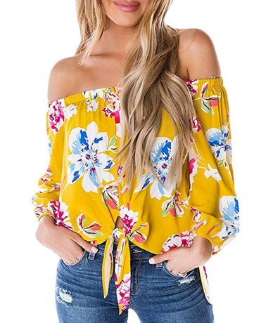 Racing Off Shoulder Blouses for Womens- Floral Stripe Bell Sleeve Baggy Tie Knot Tops Casual Shirts - 6 Yellow - CZ18SHK4AOD ...