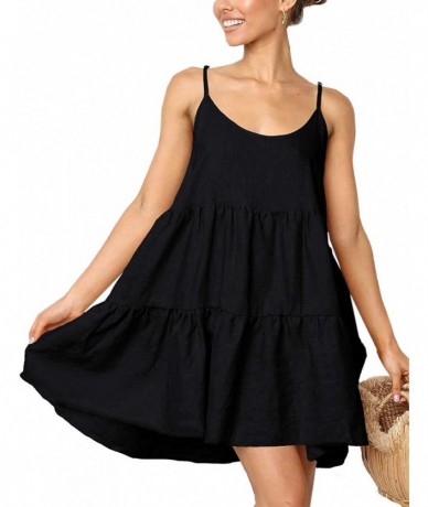 Cover-Ups Spaghetti Strap Dress for Women Pleated Swing Dress Backless Casual Mini Dress - B-black - CI198KHWTKH $45.11