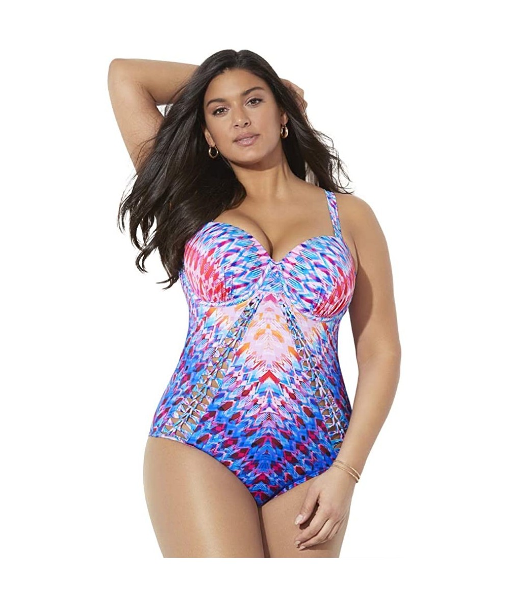 One-Pieces Women's Plus Size Macrame Underwire One Piece Swimsuit - Blue Purple Engineered - C519600HTRL $80.68