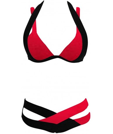 Sets Women's Sexy 2 Piece Color Block Criss Cross Bandage Bikini Set Triangle Bottoms Halter Bathing Suits Swimwear Red - CV1...