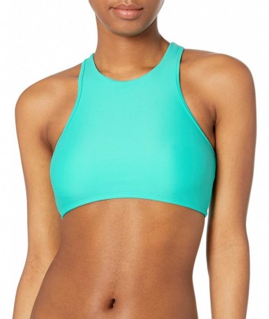 Tops Junior's Smoothies Leelo High Neck Cropped Bikini Top with Lace Up Back - Mint - C912MAKEDH0 $82.18