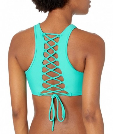 Tops Junior's Smoothies Leelo High Neck Cropped Bikini Top with Lace Up Back - Mint - C912MAKEDH0 $82.18