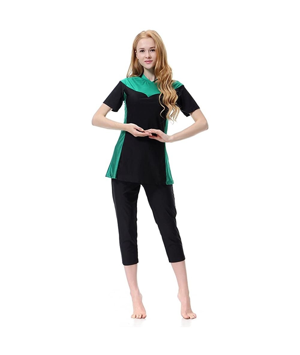 Racing Women's Modest Swimsuits Muslim Swimwear Hijab Swimsuit Islamic Short Sleeve Swimming Sets - Green - C718C0UEZ0R $46.75