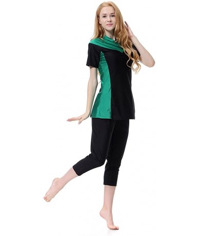 Racing Women's Modest Swimsuits Muslim Swimwear Hijab Swimsuit Islamic Short Sleeve Swimming Sets - Green - C718C0UEZ0R $46.75