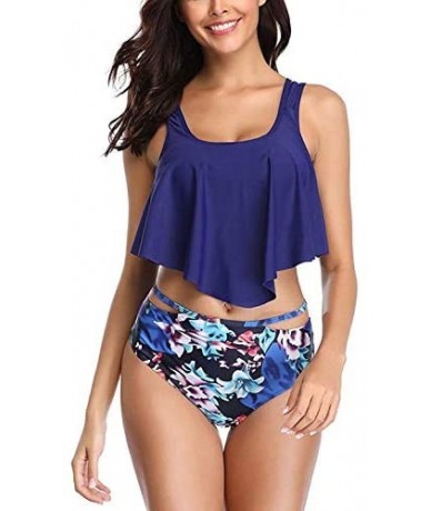 Tops High Waisted Bikini Swimsuits for Women Retro Ruffled Flounce Swimwear Two Piece Tankini Bathing Suits A blue Flower - C...