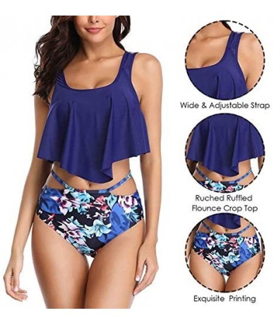 Tops High Waisted Bikini Swimsuits for Women Retro Ruffled Flounce Swimwear Two Piece Tankini Bathing Suits A blue Flower - C...