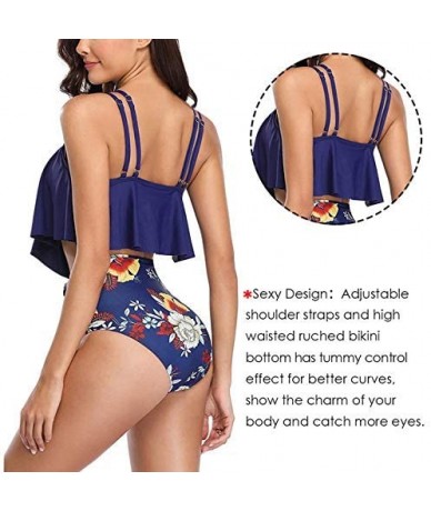 Tops High Waisted Bikini Swimsuits for Women Retro Ruffled Flounce Swimwear Two Piece Tankini Bathing Suits A blue Flower - C...