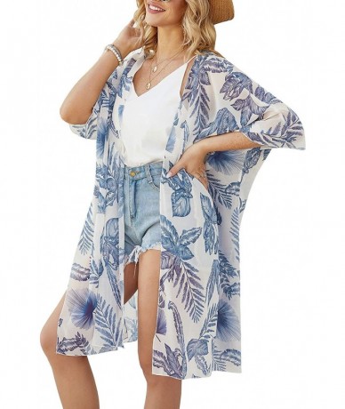 Cover-Ups Women's Summer Long Flowy Kimono Cardigans Boho Chiffon Floral Beach Cover Up Tops - Leaf Print -2 - C1192I2C2N3 $3...