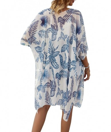 Cover-Ups Women's Summer Long Flowy Kimono Cardigans Boho Chiffon Floral Beach Cover Up Tops - Leaf Print -2 - C1192I2C2N3 $3...