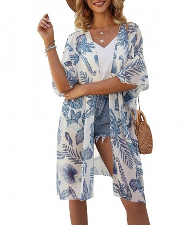 Cover-Ups Women's Summer Long Flowy Kimono Cardigans Boho Chiffon Floral Beach Cover Up Tops - Leaf Print -2 - C1192I2C2N3 $3...