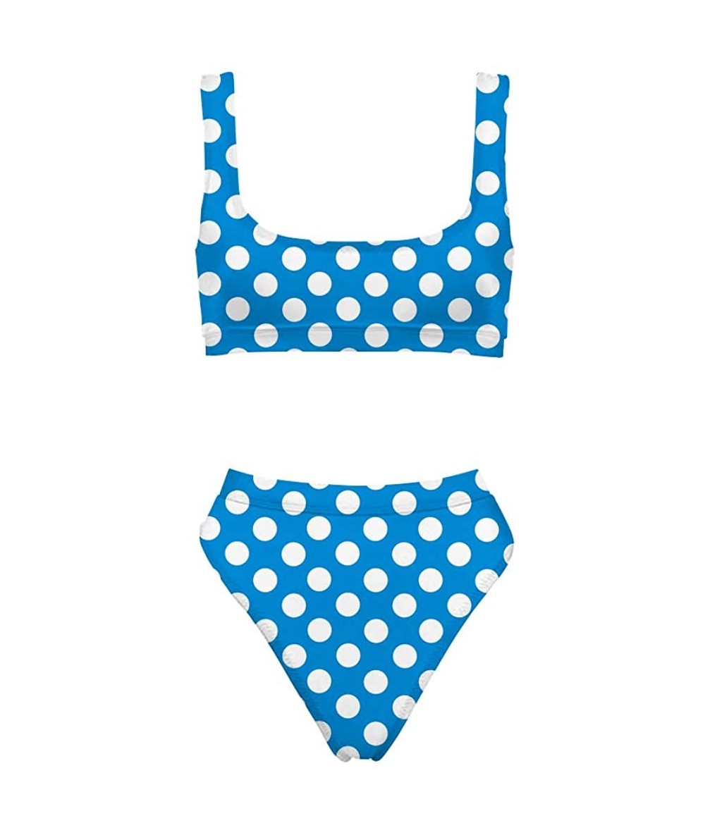 Sets Two Pieces Bikini Sets Sports Crop Top High Waisted High Cut Cheeky Swimsuit - Blue Polka Dot - CU18QGHK5T5 $37.67